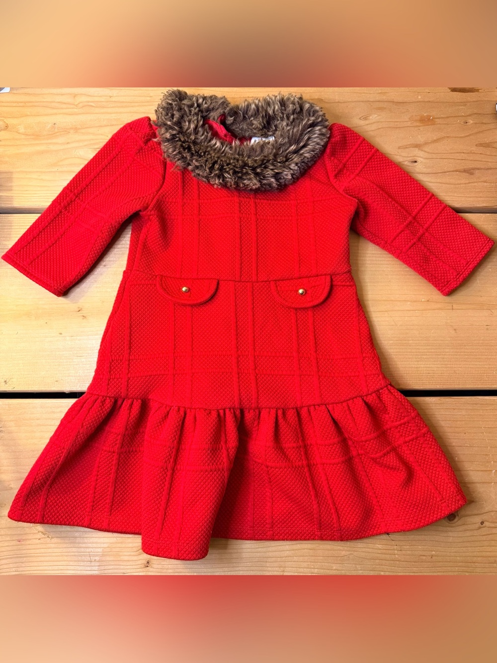 JANIE & JACK Bradbury Red Faux Fur Collar Jacquard dress Girls Size 4 Festive